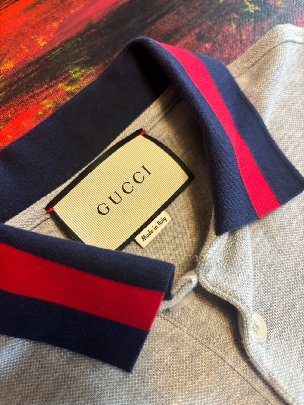 Gucci Light Gray Polo with Front Pocket Logo Navy Collar and Red Stripe